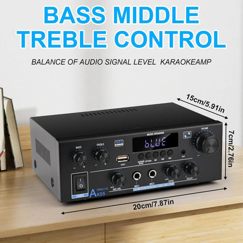 Two Channel 500W Bluetooth 5.0 Stereo Audio Amplifier For Home Theater with bass, treble, and volume controls, black finish.