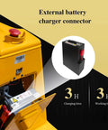 3300Lb Electric Pallet Jack With Li-ion Battery And Split Rocker Arm Forks Measure 48 By 27 Inches showing external charger connector.