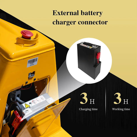 3300Lb Electric Pallet Jack With Li-ion Battery And Split Rocker Arm Forks Measure 48 By 27 Inches showing external charger connector.