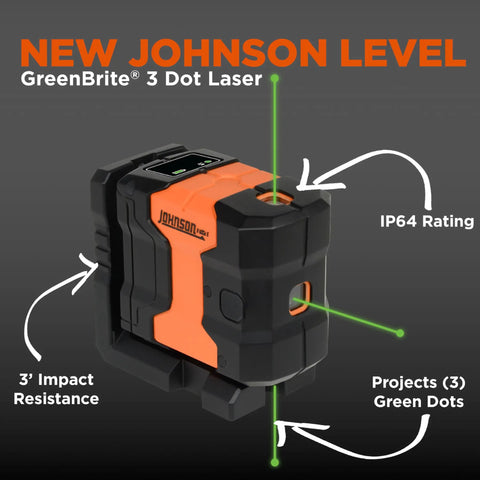 3 Dot Green Laser Level Self Leveling Kit With Magnetic Base Floor Mount And Hard Case For All Day Jobsite Use GreenBrite Technology 150 Ft Range IP64 Dust And Water Resistant Long Battery Life, front view