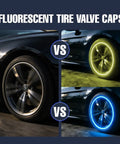 Glow In The Dark Tire Valve Caps Set Of 20 Fluorescent Valve Stem Caps For Cars SUVs Bikes Motorcycles And Trucks No Hassle Night Visibility side-by-side tire glow comparison