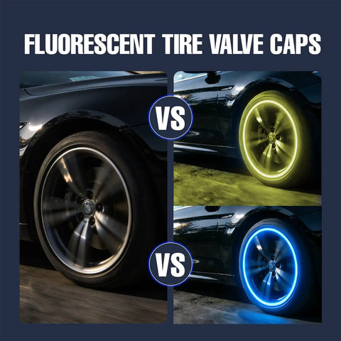 Glow In The Dark Tire Valve Caps Set Of 20 Fluorescent Valve Stem Caps For Cars SUVs Bikes Motorcycles And Trucks No Hassle Night Visibility side-by-side tire glow comparison