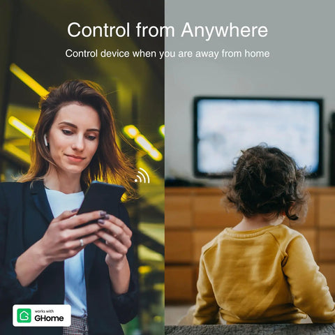 Smart Power Strip With WiFi Outlets And USB Ports, 3 Individually Controlled Sockets, Works With Alexa And Google Home, Surge Protector 15A 1800W, Black, Voice Control And Remote Scheduling, showing remote control by a woman and child.