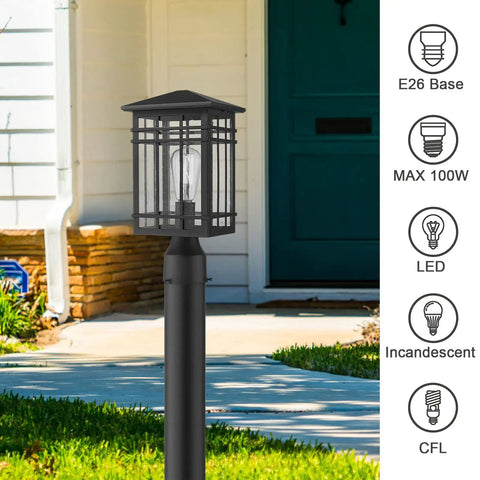 Outdoor Post Light Fixture With Seeded Glass In Black Finish Exterior Pillar Lantern For Patio Pathway And Driveway Lighting