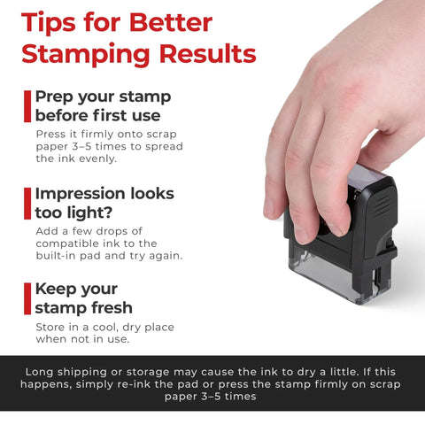 Self Inking Closed Rubber Stamp With Built In Ink Pad For Office Invoices And Paperwork Featuring No Sweat Quick Press Action and tips for stamping results.