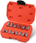 One Quarter Inch Drive Metric Master Socket Set, 14 Piece Shallow 6 Point Hex Socket Kit in open orange case