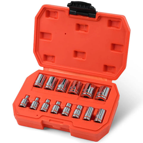 One Quarter Inch Drive Metric Master Socket Set, 14 Piece Shallow 6 Point Hex Socket Kit in open orange case