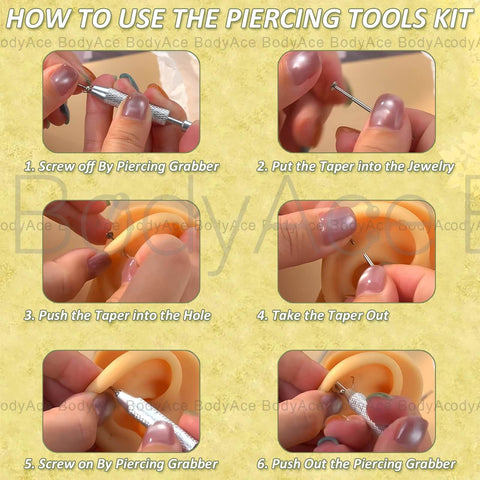 Piercing Taper Ball Grabber Tool Set 14G 16G 18G 20G Stainless Steel For Easy Jewelry Change Threadless Insertion Pin And Screw On Insertion Pin Reacher Tool For Safe Flat Back Earrings Ear Nose Navel Lip Piercings Kit step-by-step use instructions.