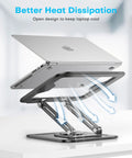 Grab And Go Portable Laptop Stand With 360 Degree Rotation Base shown with 16-inch laptop, ergonomic riser on white desk, black