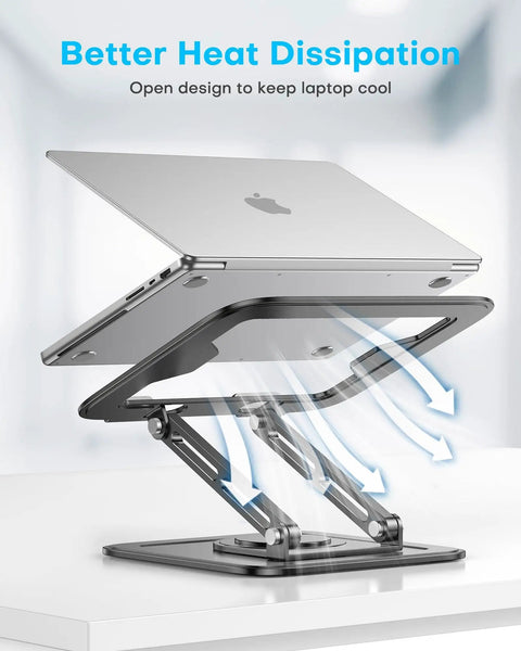 Grab And Go Portable Laptop Stand With 360 Degree Rotation Base shown with 16-inch laptop, ergonomic riser on white desk, black