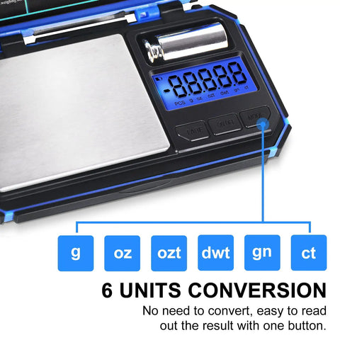 Pocket Size Digital Scale With 0.01g Precision, 200g Capacity, Six Units showing unit conversion options and digital display