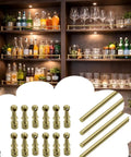 Four Pack Adjustable Shelf Railing Brackets Extending From Ten To Seventy Inches Built With Hefty Solid Brass Cabinet Spindles Features No Sweat Mounting Hardware For Home Barriers That Are Totally Bulletproof displayed on a bar cabinet.