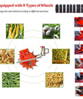 Tow Behind Seeder For Tractors Multi-Row Seed Drill With 12 Nozzle Planter showing 8 interchangeable wheels and seed examples.