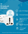 Universal Travel Plug Adapter Set With Types A Through M Plugs, 12 Pack, showing product details and lifetime warranty.