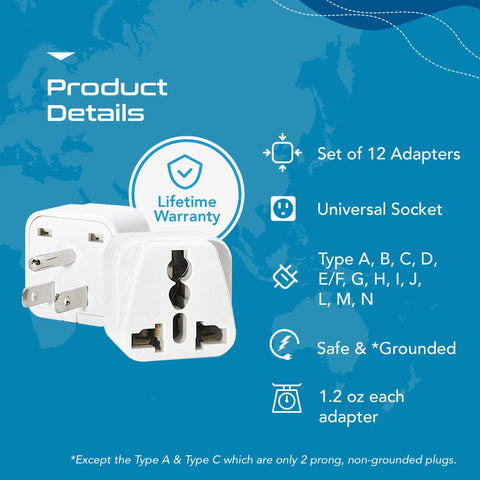 Universal Travel Plug Adapter Set With Types A Through M Plugs, 12 Pack, showing product details and lifetime warranty.