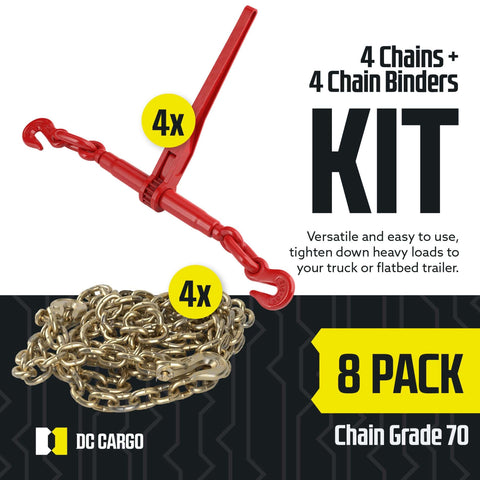 Four Pack Twenty Foot Five Sixteenth Inch Grade 70 Chain With Load Binder Sets Heavy Duty Ratcheting Chain Binders 4700 Lb Working Load Limit Built For Truckers And Gearheads On The Go shown with 4 red binders and 4 chains