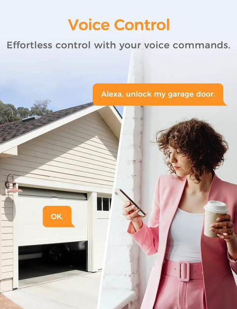 Woman using phone to control Smart WiFi Garage Door Opener With App Control And Voice Compatibility For Alexa And Google Home No Hub Needed Open Close Check Status From Anywhere Today, garage door opening.