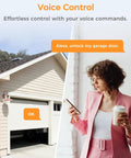 Woman using Smart WiFi Garage Door Opener With HomeKit Siri Alexa Google Assistant CarPlay App Remote Control next to open garage