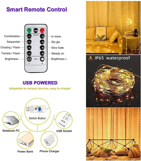 300 LED Fairy Curtain Lights With Remote Control, Dimmable Brightness, USB Powered, Warm White, 1 Meter Length, Easy Plug In