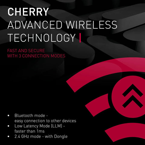 Cherry Advanced Wireless Technology overview for Slick Wireless Mechanical Gaming Keyboard Triple Mode Bluetooth And 2.4GHz Connectivity.