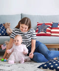 Woman and baby with Patriotic 18x18 Inch Throw Pillow Covers Set Of 4 For Fourth Of July Independence Day American Flag Stars And Stripes Cushion Covers For Sofa Couch Bed Outdoor Home Decor on sofa