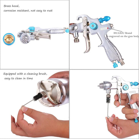 Professional HVLP Siphon Feed Spray Gun With 1000cc Non Drip Cup One Point Seven Millimeter Nozzle showing brass hood and cleaning brush