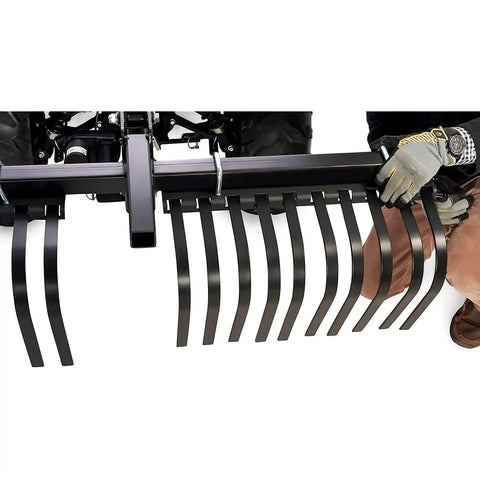 Close-up of Heavy Duty ATV UTV Landscape Rake with removable tines for rock debris removal and consistent angle setup.