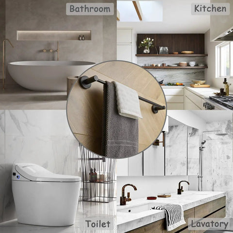 Centered view of Two Piece Adjustable Bathroom Towel Bar Set 17 To 29 Inches Matte Black Or Brushed Nickel Finish Wall Mount Modern Bath Accessories For Home Upgrade And Sleek Dope Style in various stylish home settings like bathroom and kitchen
