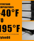 Ultra Heavy Duty Black Zip Ties 12 Inch Long 250 Pound Tensile Strength 250 Piece Kit Cable And Cord Fasteners For Garage Shed Truck Bed Fence UV proof in use, showcasing temperature range -40°F to 195°F.