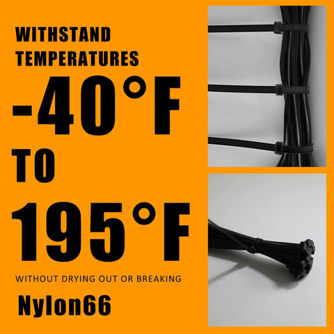 Ultra Heavy Duty Black Zip Ties 12 Inch Long 250 Pound Tensile Strength 250 Piece Kit Cable And Cord Fasteners For Garage Shed Truck Bed Fence UV proof in use, showcasing temperature range -40°F to 195°F.
