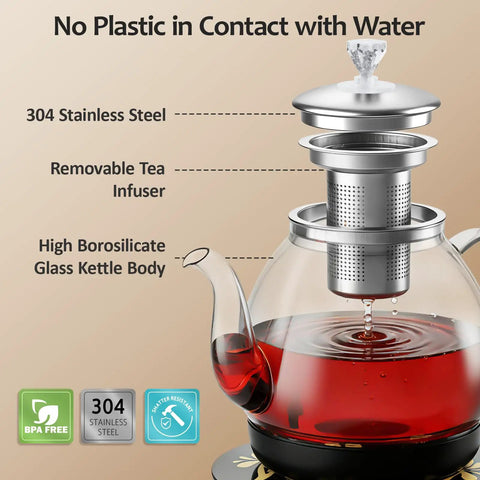 Electric Tea Maker With Infuser For Herbal Tea, Fruit Tea, And Loose Leaf, Glass Kettle BPA Free, Stainless Steel Inserts