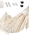 Heavy Duty Double Hammock With 500 Lb Load Capacity, Tassel Trim, Fishtail Knit Design, with straps and metal buckles