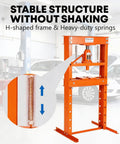 Heavy Duty 20 Ton Hydraulic H Frame Shop Press With Adjustable Worktable And Removable Stamping Plates Built Tough As Nails For Garage Pros And Metalworkers Who Want To Handle Heavy Loads Without Breaking A Sweat In Bright Orange showing H-shaped frame and heavy-duty springs.