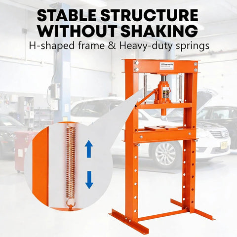 Heavy Duty 20 Ton Hydraulic H Frame Shop Press With Adjustable Worktable And Removable Stamping Plates Built Tough As Nails For Garage Pros And Metalworkers Who Want To Handle Heavy Loads Without Breaking A Sweat In Bright Orange showing H-shaped frame and heavy-duty springs.