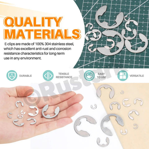 Stainless Steel E Clip External Retaining Ring Set 211Pcs Assortment In 14 Sizes With Tweezers 304 Grade Circlip Kit shown on table