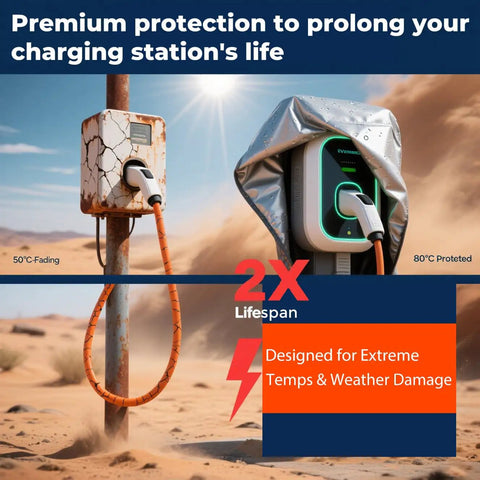 Heavy Duty EV Charger Cover For Tesla Wall Connector And Level 2 Plug With Rock Solid Buckle Straps shielding charging stations from weather.