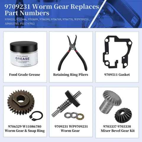 Beefy Worm Gear Kit For 5 Qt And 6 Qt Stand Mixers Replacement Parts with beveled gears, gasket, retaining ring pliers, model numbers.