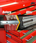 Before and after images of Badass 12 Piece Professional Toolbox Drawer Slide Retaining Keeper Clips Smooth Operator Replacement Hardware.