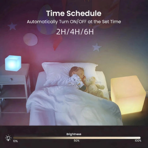 Child sleeping beside glowing 4 Inch RGB LED Cube Mood Light Tesseract Cube With 16 Color Options Waterproof IP65 Remote Controlled Night Light