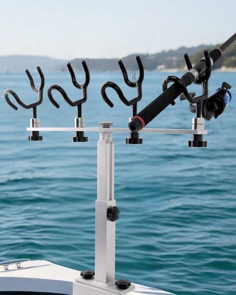 Crappie Rod Holder System For Boat Track Mount Four Rod Adjustable Spider Rig Setup Built With 316 Stainless Steel And Marine Aluminum Durable Track Compatible Design Fits Most Standard Track Systems on boat rail