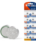 Premium Leak Proof LR41 Button Batteries AG3 Alkaline Cells 10 Pack in packaging with two visible batteries front view.