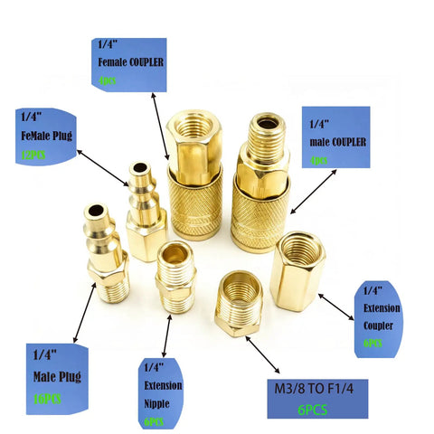 Complete 55 Piece One Quarter Inch NPT Air Hose Fittings Kit With Quick Connect Couplers And Plugs For Air Compressors And Pneumatic Tools