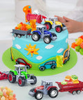 4 Pack Farm Tractor Toys With Trailers Die Cast Tractors And Trucks Set for Kids on cake with gummy candies
