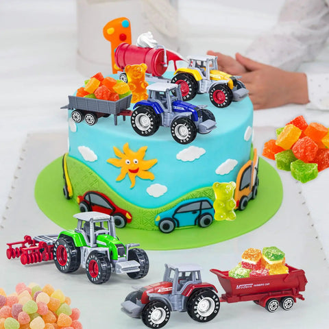 4 Pack Farm Tractor Toys With Trailers Die Cast Tractors And Trucks Set for Kids on cake with gummy candies