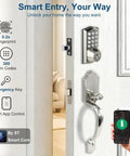 Smart Keypad Door Lock With Handle, Tuya WiFi App Control, Fingerprint And Code Entry, Keyless Deadbolt, Auto Lock, IPX6 Waterproof Front Door Lock For Home, Satin Nickel, installed on a white door with smartphone showing app control.
