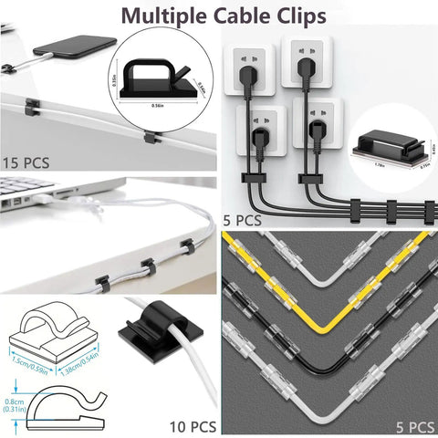 327 Piece Cable Management Kit With Cord Protectors, Cable Clips, Cord Holders, Organizer Straps, Zip Ties And Mounts For Computer Desk, Home Office And TV Setup, DIY Cable Cleanup Made Simple showing cable clips in multiple setups and configurations.