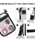 Stadium Approved Clear Bag For Women Crossbody Purse with dual compartments showing sunglasses and perfume inside, smooth zippers.