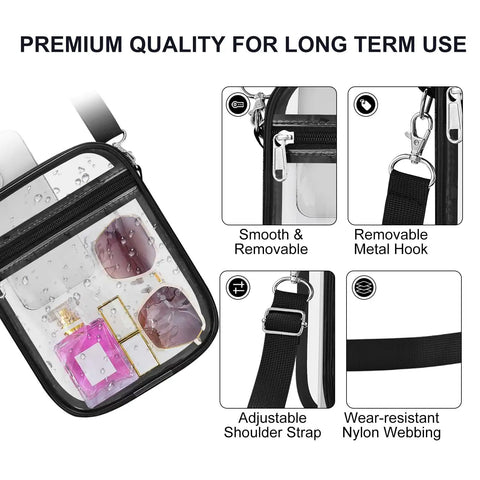 Stadium Approved Clear Bag For Women Crossbody Purse with dual compartments showing sunglasses and perfume inside, smooth zippers.