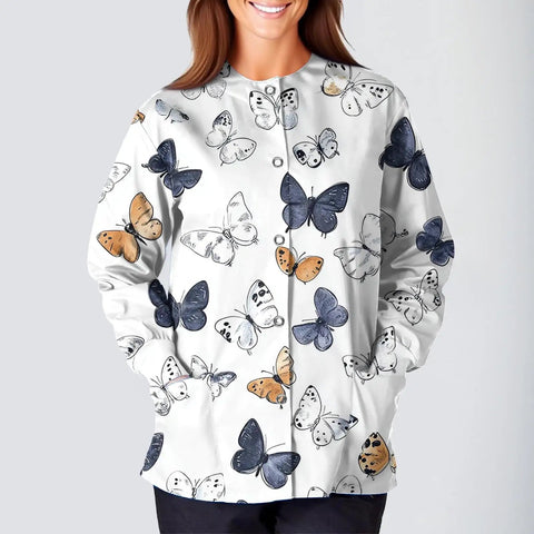 Slick Long Sleeve Women Scrub Jacket And Nurse Uniform Coat With Killer Pockets Plus Size Healthcare Top, butterfly print design.