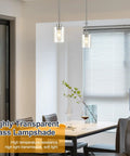 Top Shelf Modern Farmhouse Brushed Nickel Pendant Lights With Clear Glass Shades And Adjustable Rods, Straight Up Ideal Hanging Fixtures For Kitchen Island Or Bar, Dead Simple Dimmable E26 Setup In This Two Pack, installed over dining table.